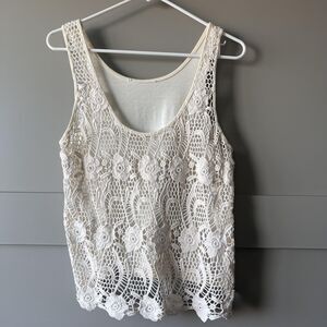 White Crochet Lace Tank Top Womens Medium Floral Sheer Boho Summer Sleeveless